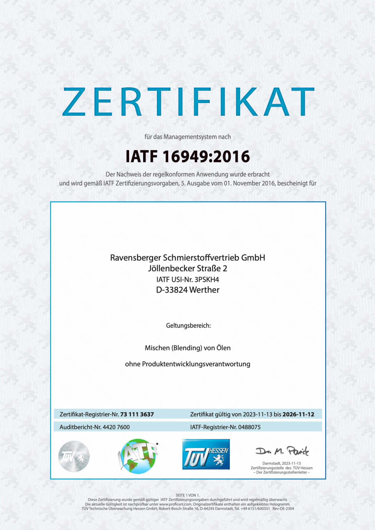Zertifikat IATF 2016 Zertifikat IATF 2016