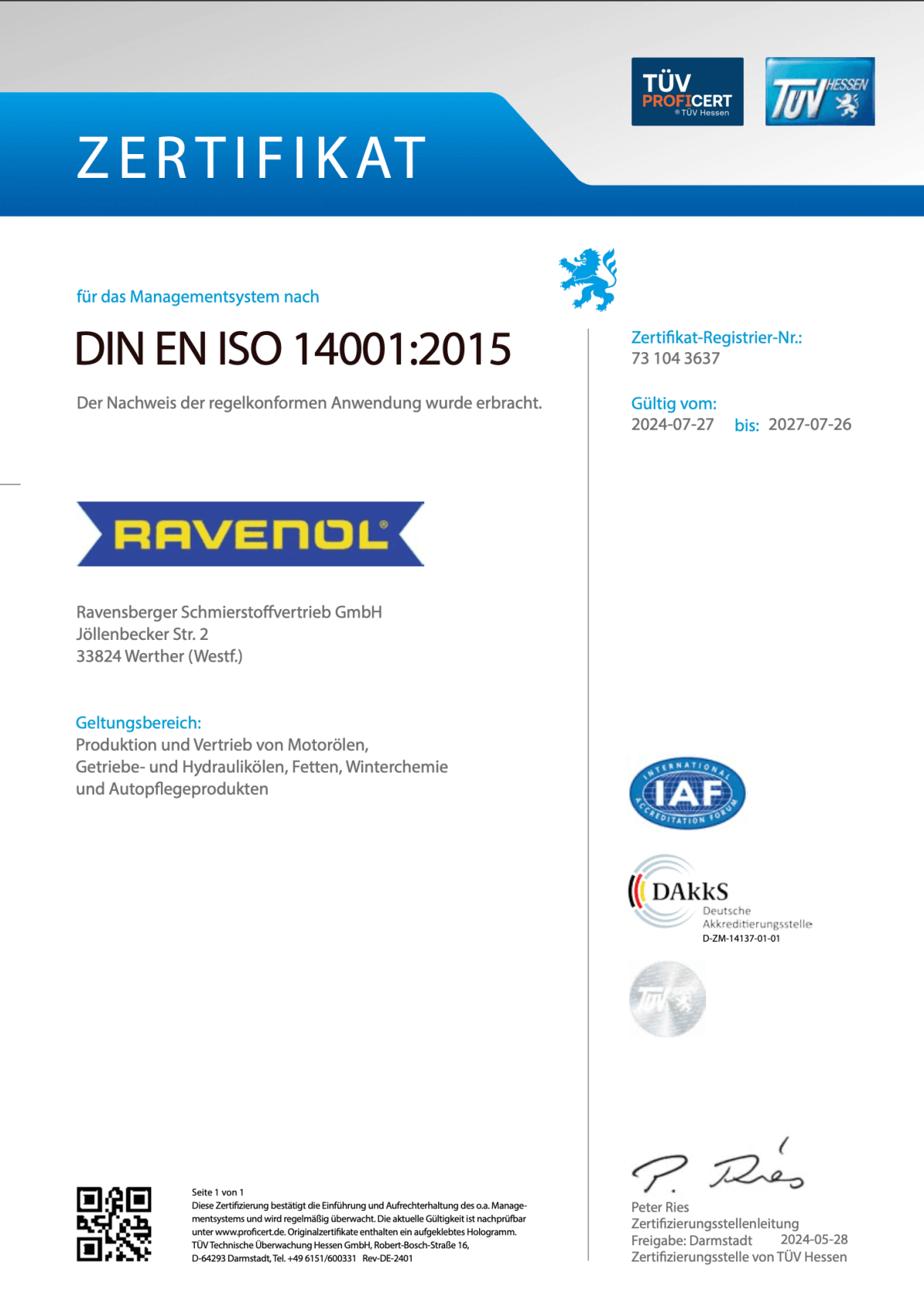 Zertifikat DIN EN ISO 14001 2015 Zertifikat DIN EN ISO 14001 2015