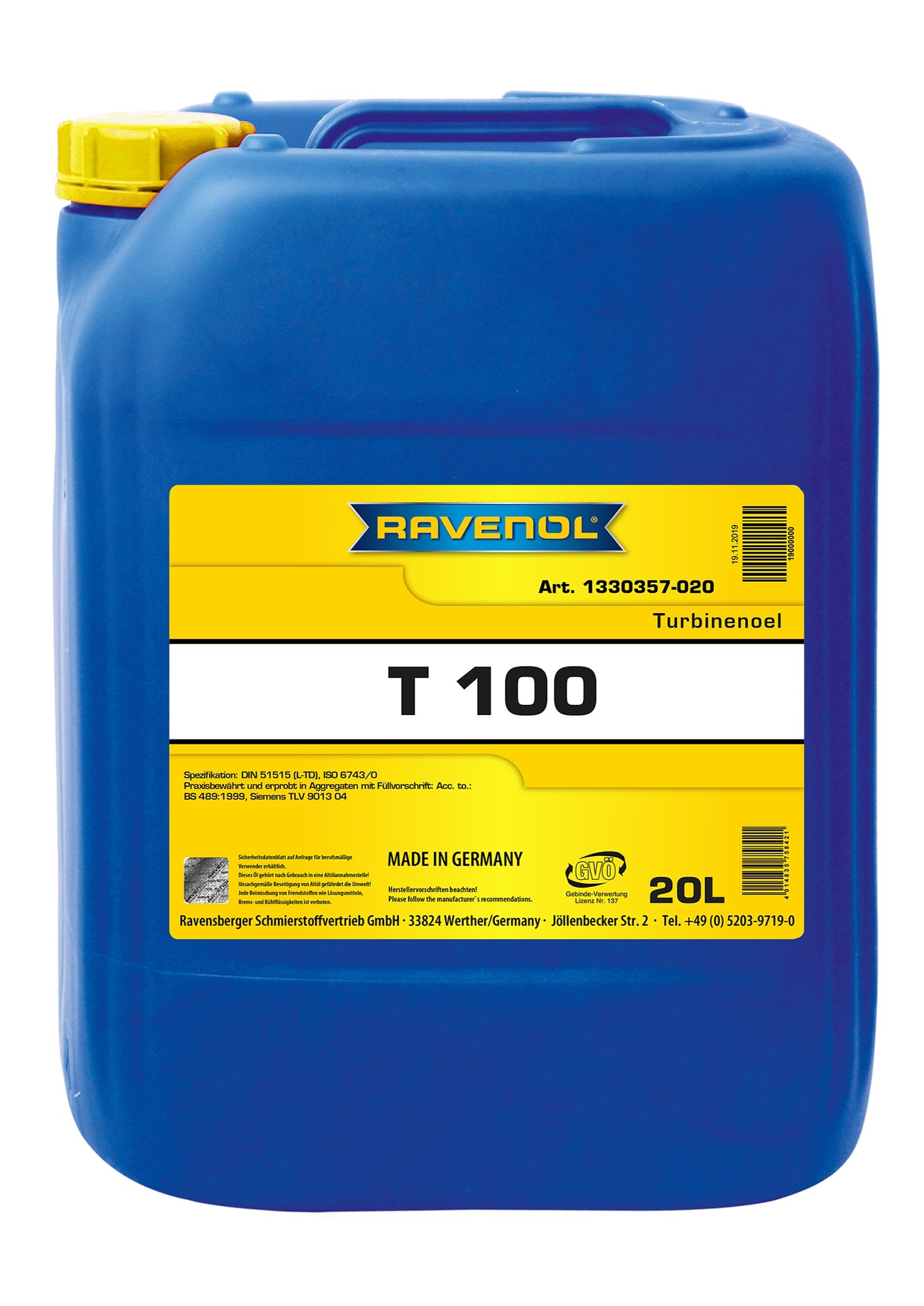 RAVENOL Turbinenoel T 100 20 L