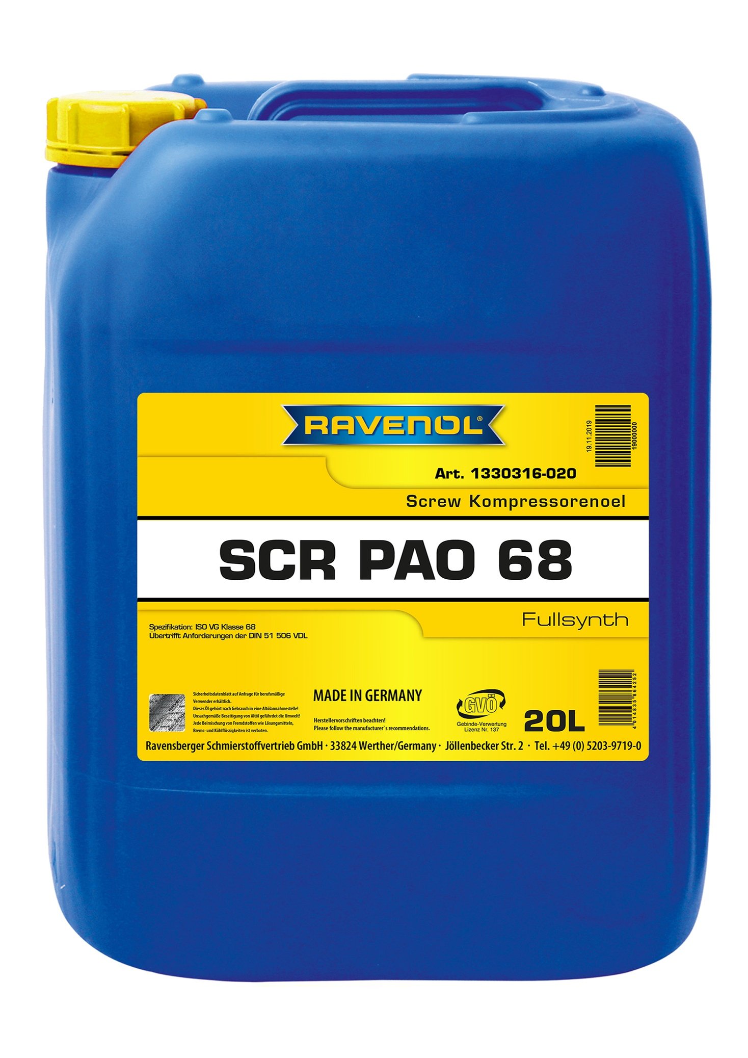 RAVENOL SCR PAO 68 Screw Kompressorenoel 20 L