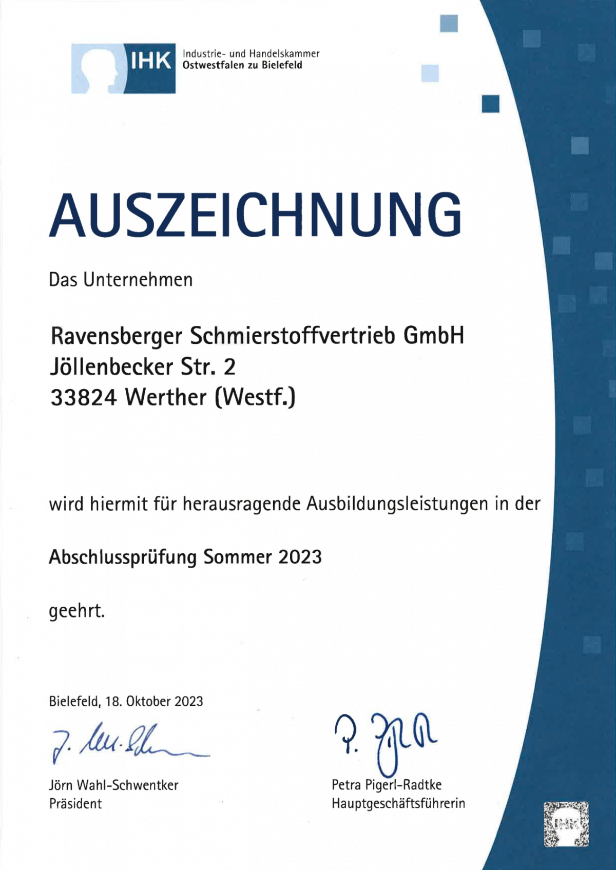 Auszeichnung für Ausbildungsleistungen Auszeichnung für Ausbildungsleistungen