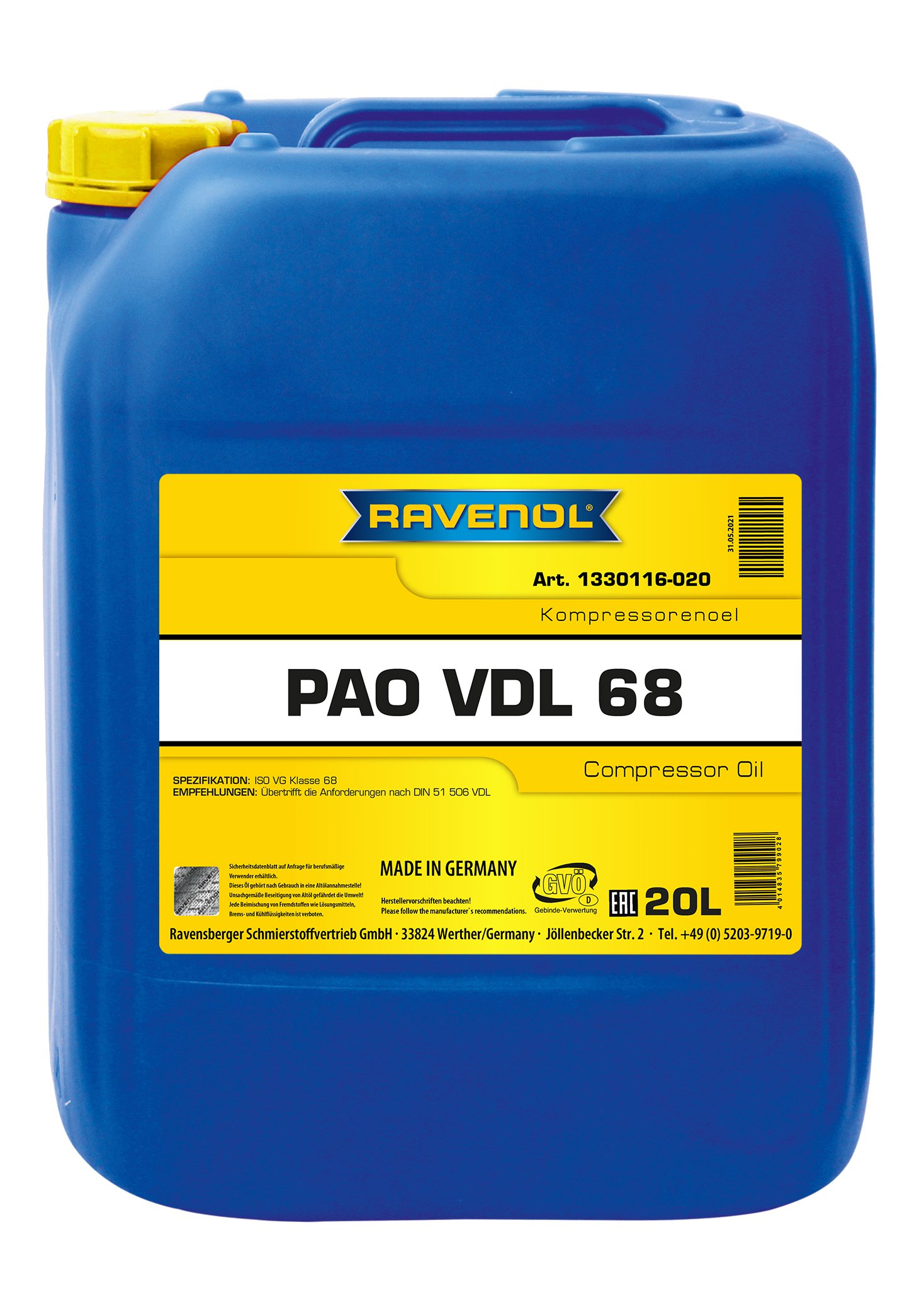 RAVENOL Kompressorenoel PAO VDL 68 20 L