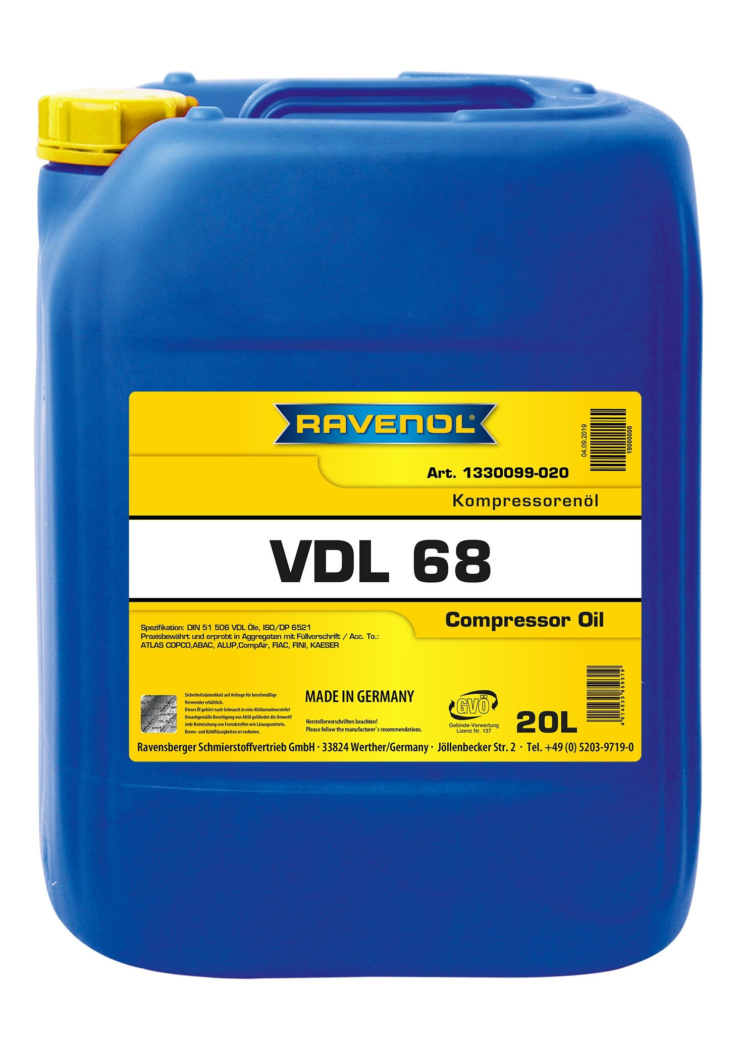 RAVENOL Kompressorenoel VDL 68 20 L
