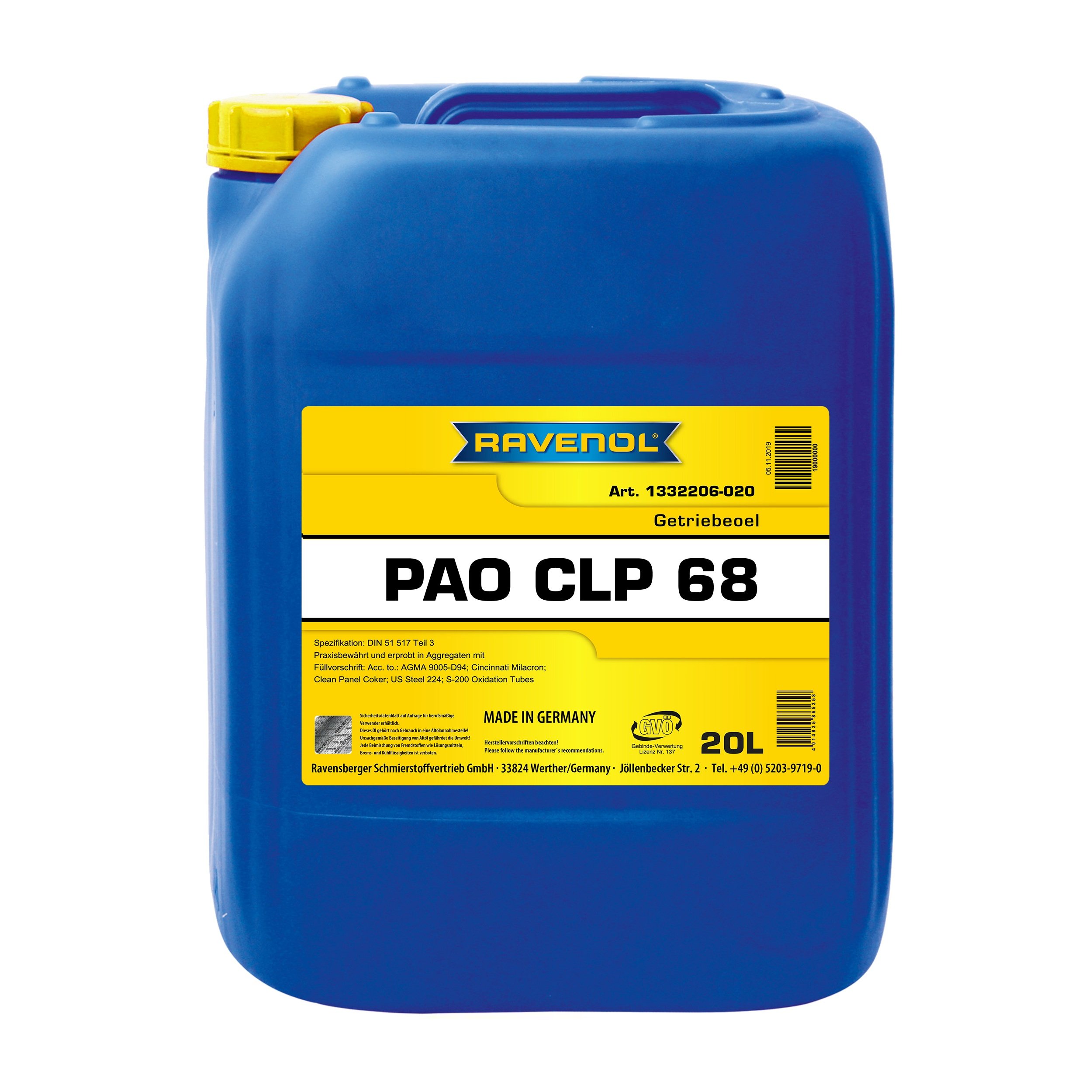 RAVENOL Getriebeoel PAO CLP 68 20 L