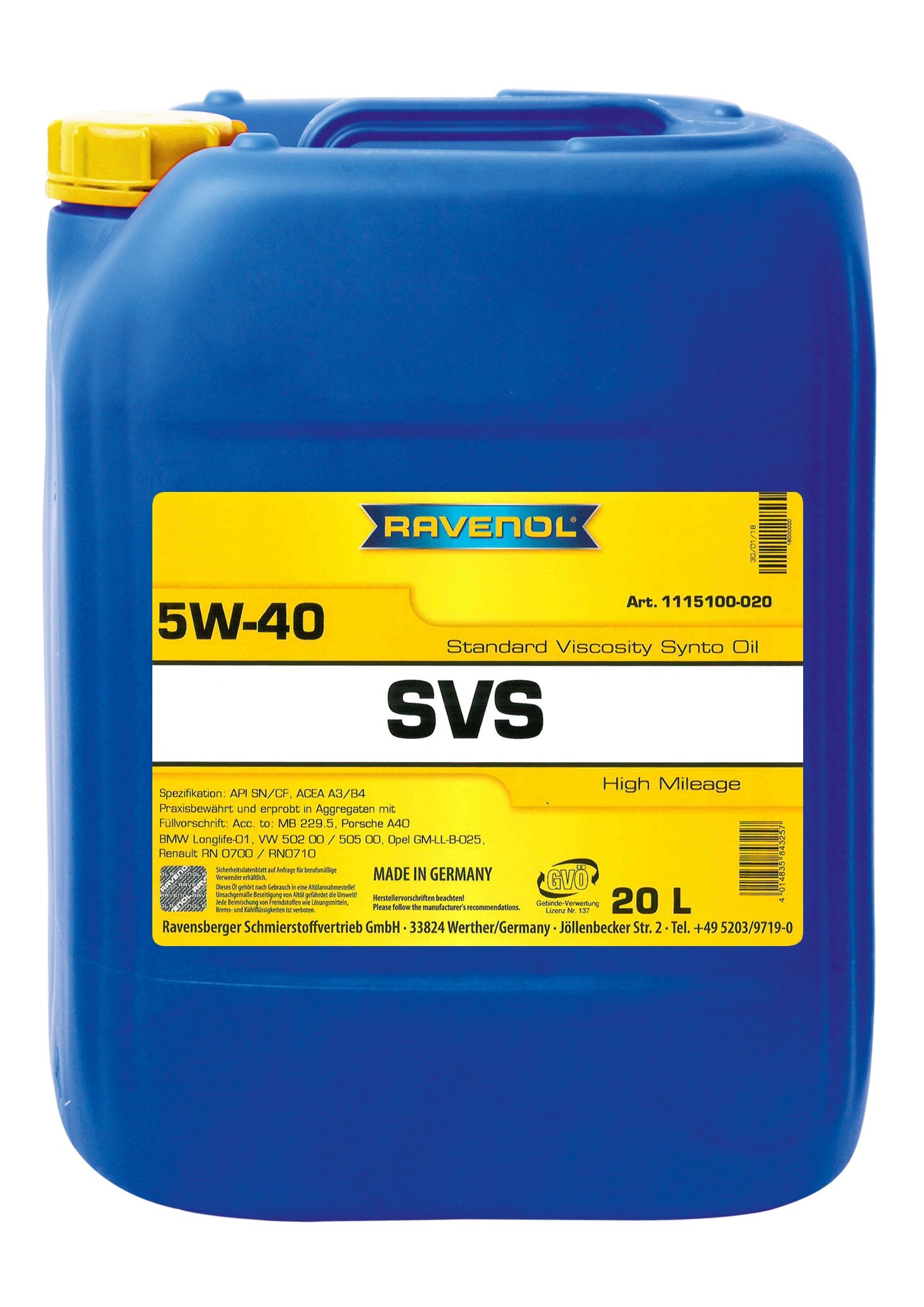 RAVENOL SVS Standard Viscosity Synto Oil SAE 5W-40 20 L